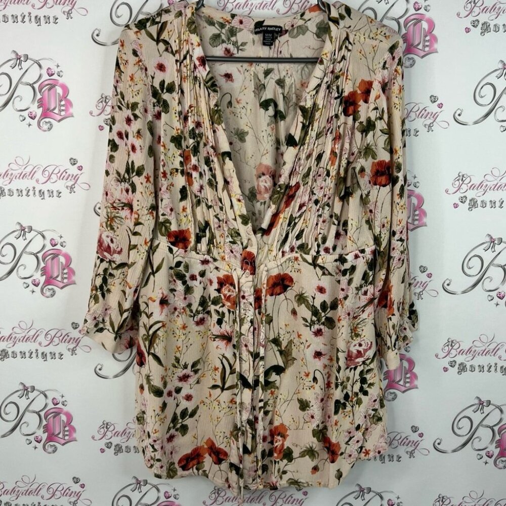 Hilary Radley dress tie up waist flowers Floral Cream Blouse top long sleeve